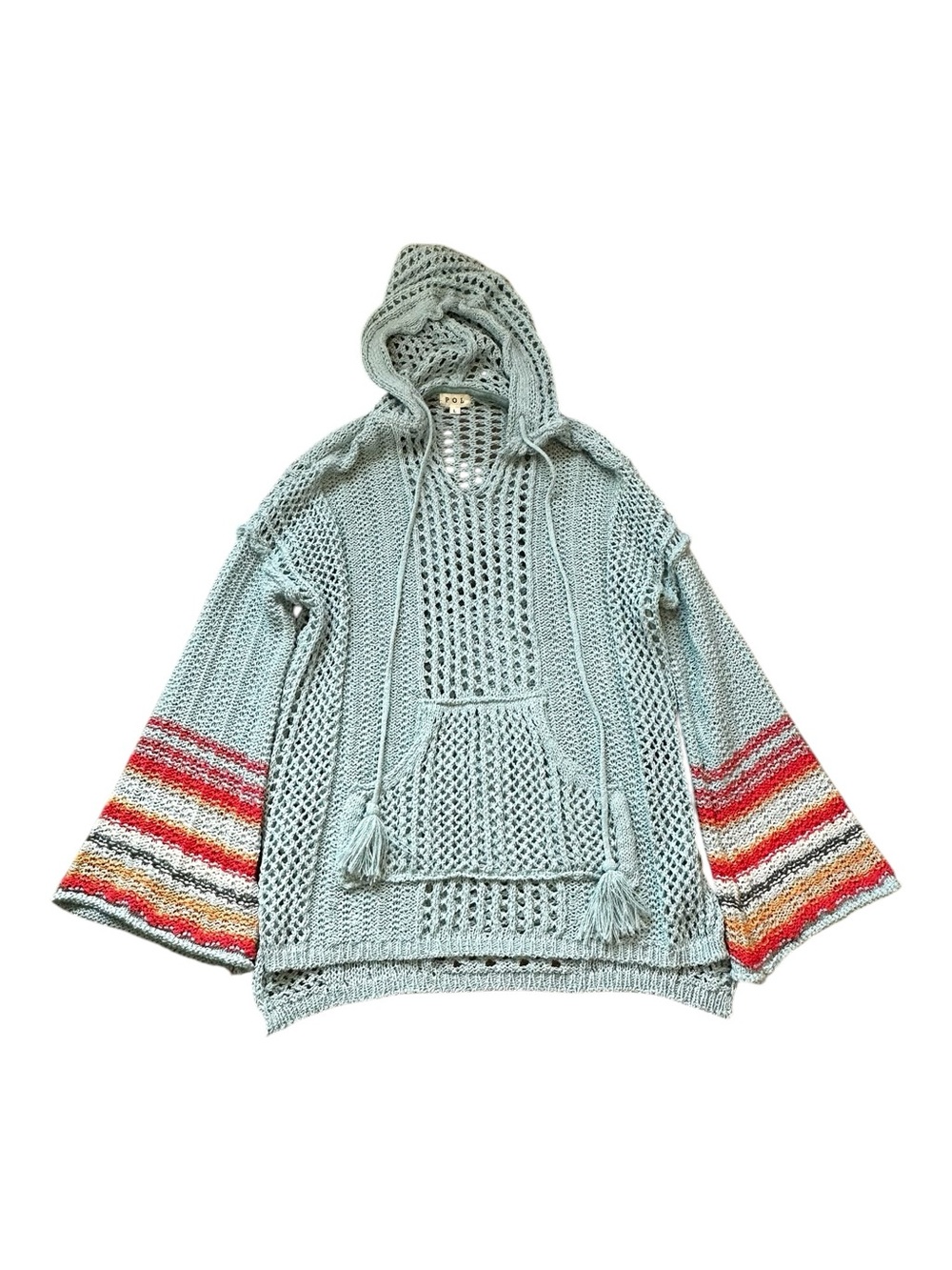 POL Open Knit Crochet Poncho Hoodie Flare Sleeves Boho Festival Summer Size L